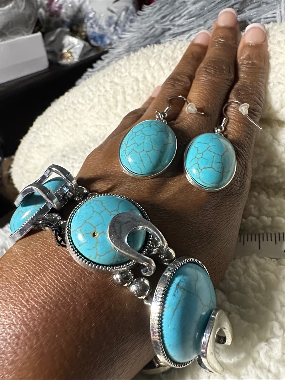 3PCS EARRINGS & bracelet Turquoise Stone Silver-Link Bracelet - Bright Turquoise